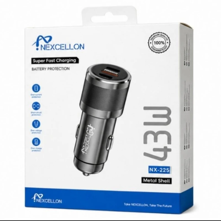 شارژر فندکی 43 وات دو پورت pd و usb نکسلون مدل NX-225