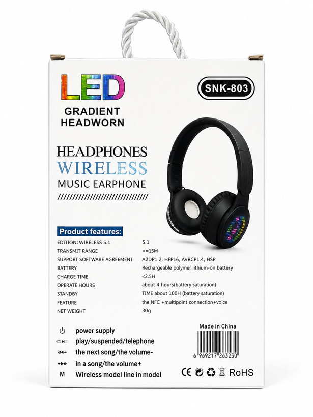 هدفون بلوتوثی بی سیم LED مدل SNK-803 | هدفون رنگی