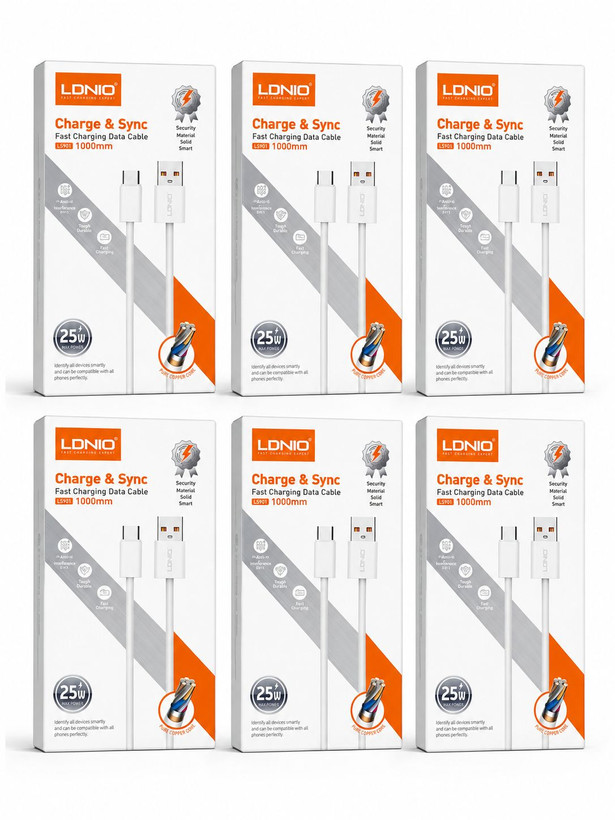 پک شش عددی کابل تایپ سی فست شارژ 25 وات الدینیو LS901 طول 1 متر/ اورجینال شرکت الدینیو/خرید عمده 6 عددی کابل ارسال می شود